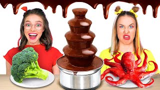 CHOCOLATE FOUNTAIN FONDUE CHALLENGE  Last To Stop Eating Chocolate VS Real Food By 123 GO FOOD [upl. by Yenots]